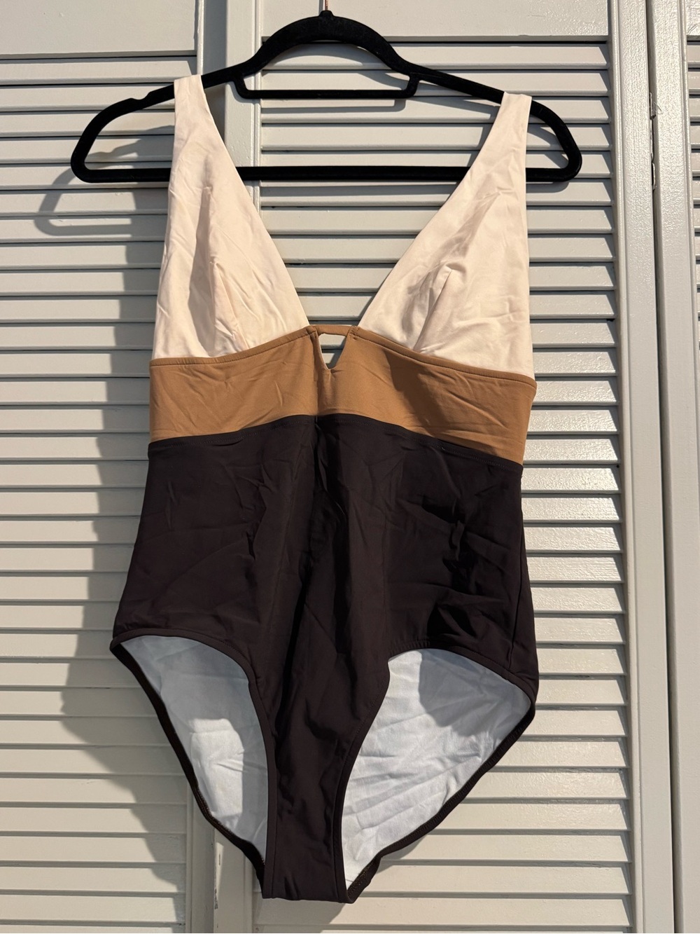 Iris & Ink Colorblock Plunge One Piece Swimsuit Brown Cream XL